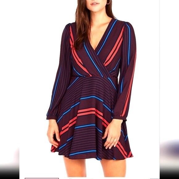 Express striped cross cross v-neck long sleeve mini dress - blue/orange/red - S - Picture 1 of 6